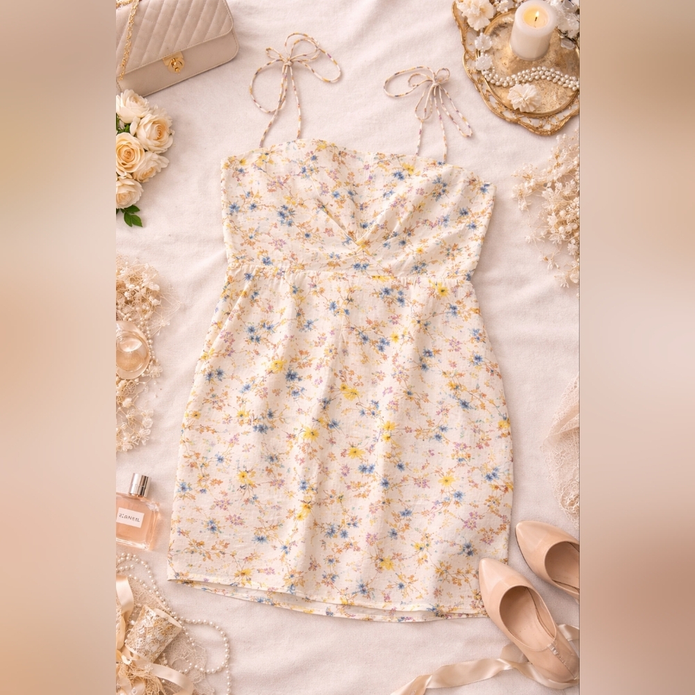 Old Navy Cream Floral Tie-Shoulder Mini Dress